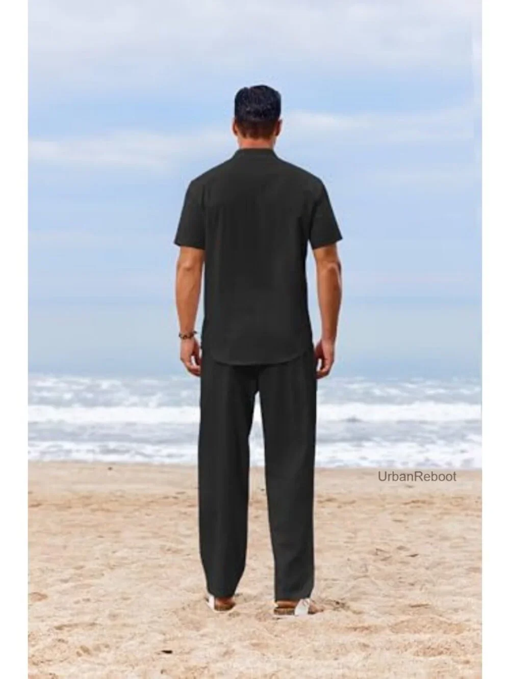 Men's 2 Piece Cotton Linen Look Beach Outfit Set with Pockets, Short Sleeve